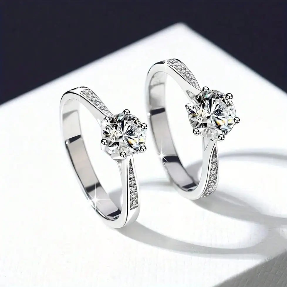 Women's Luxury 925 Sterling Silver Six Claw Diamond Ring – Classic Simulated Engagement Jewelry