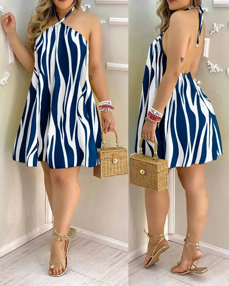 Tropical Leaf Print Halter Mini Dress – Backless Beach Sundress