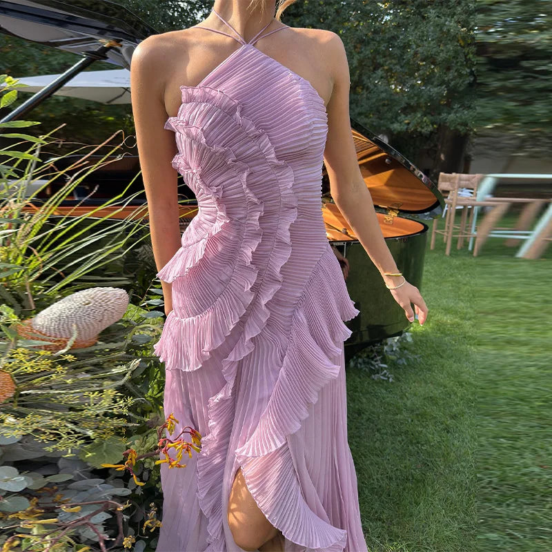 Purple Pleated Strapless Maxi Dress – Halter Neck Vacation Gown
