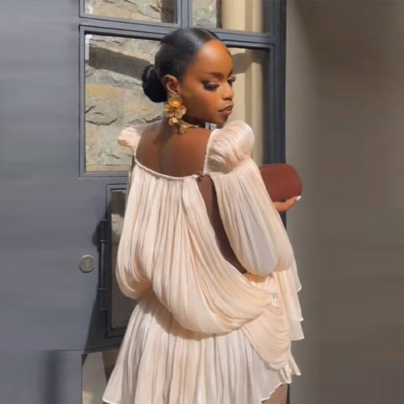Satin Off-Shoulder Pleated Mini Dress – Puff Sleeve Party Dress