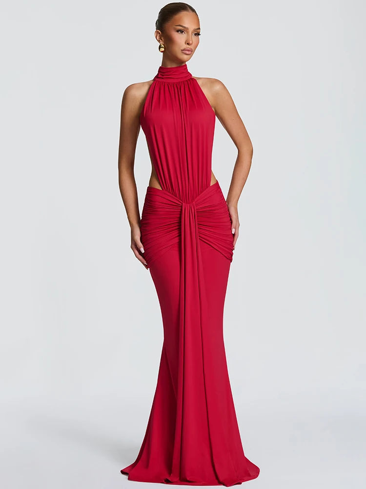 Women's Turtleneck Backless Maxi Dress – Elegant Off-Shoulder Ruched Bodycon Party Gown
