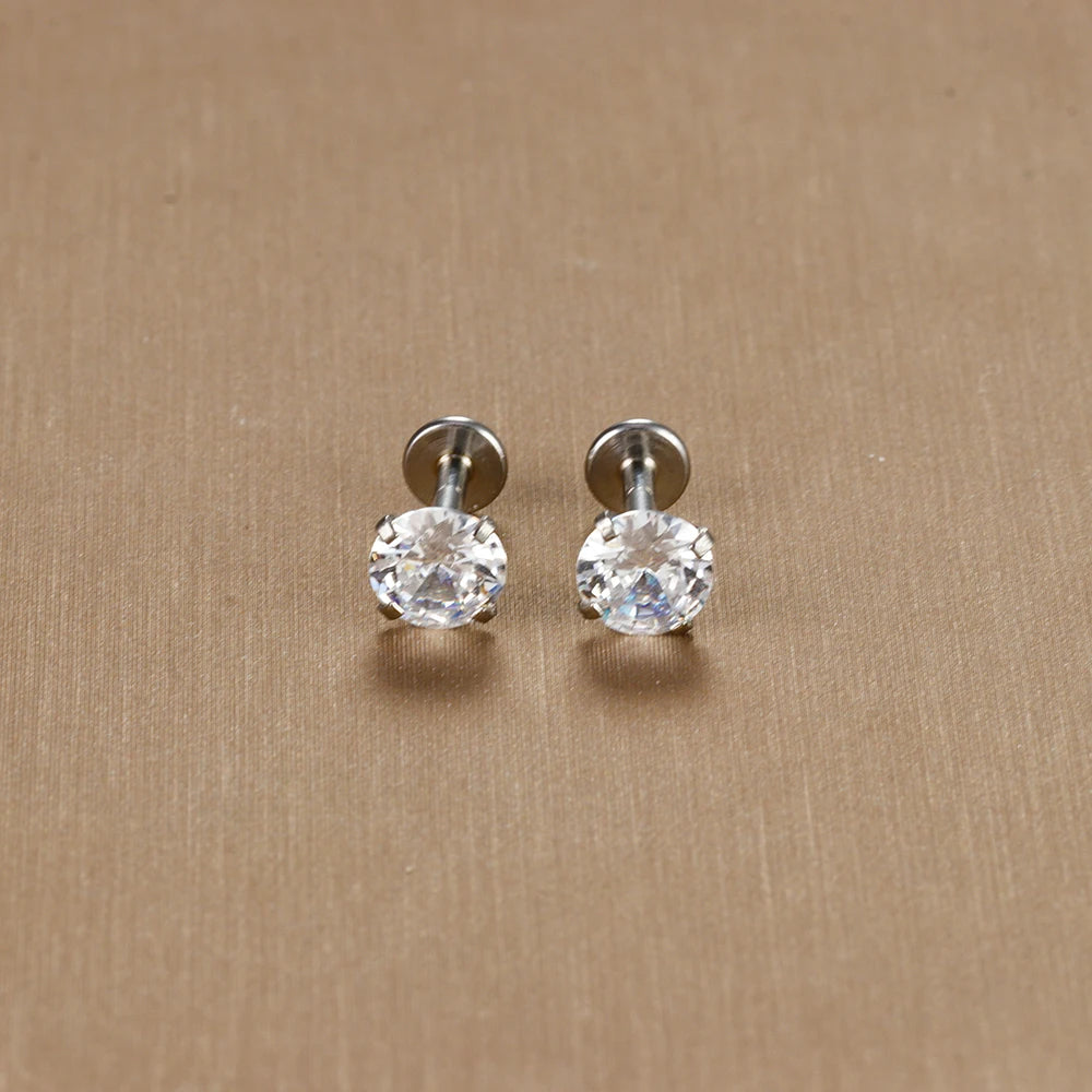2PCS Stainless Steel Labret Stud Earrings – 16G CZ Crystal Tragus, Helix, Conch & Lip Piercing Jewelry