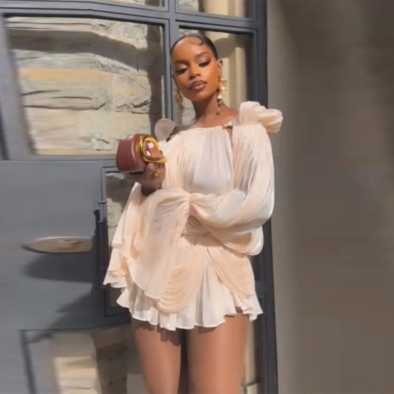 Satin Off-Shoulder Pleated Mini Dress – Puff Sleeve Party Dress