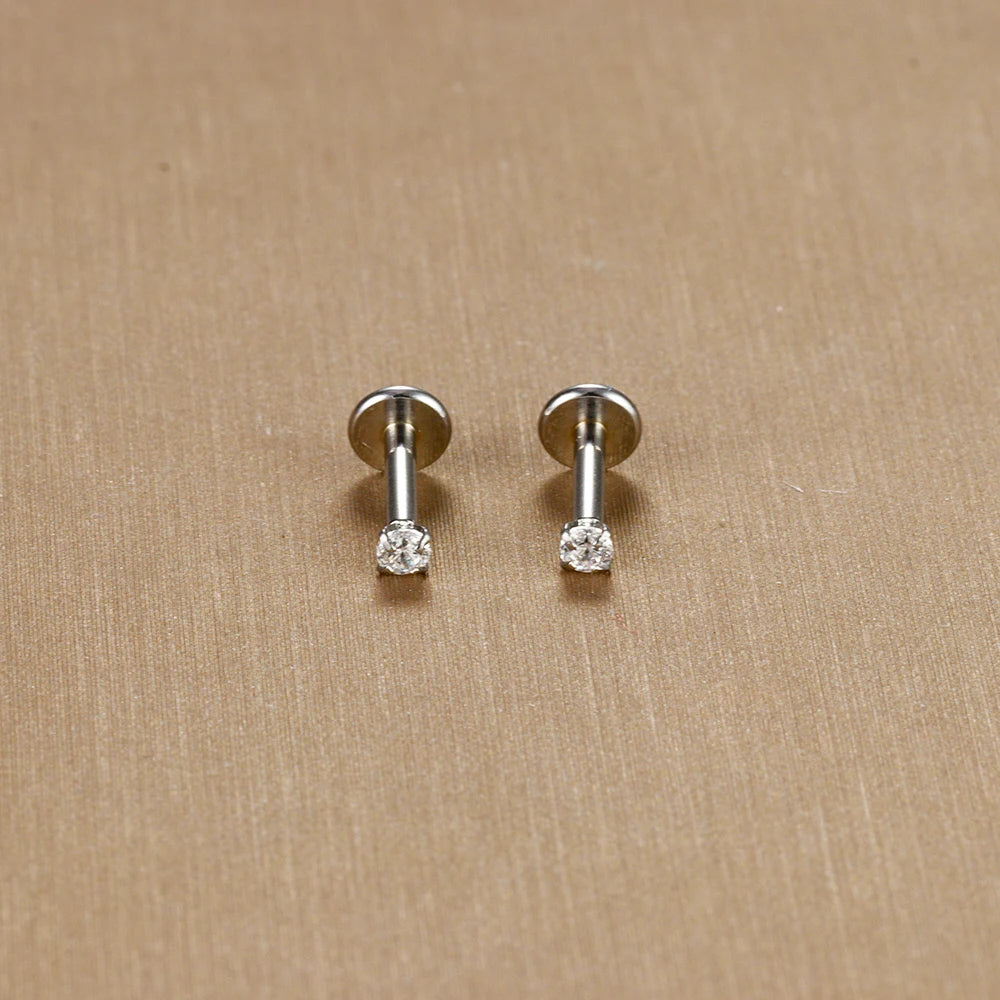 2PCS Stainless Steel Labret Stud Earrings – 16G CZ Crystal Tragus, Helix, Conch & Lip Piercing Jewelry