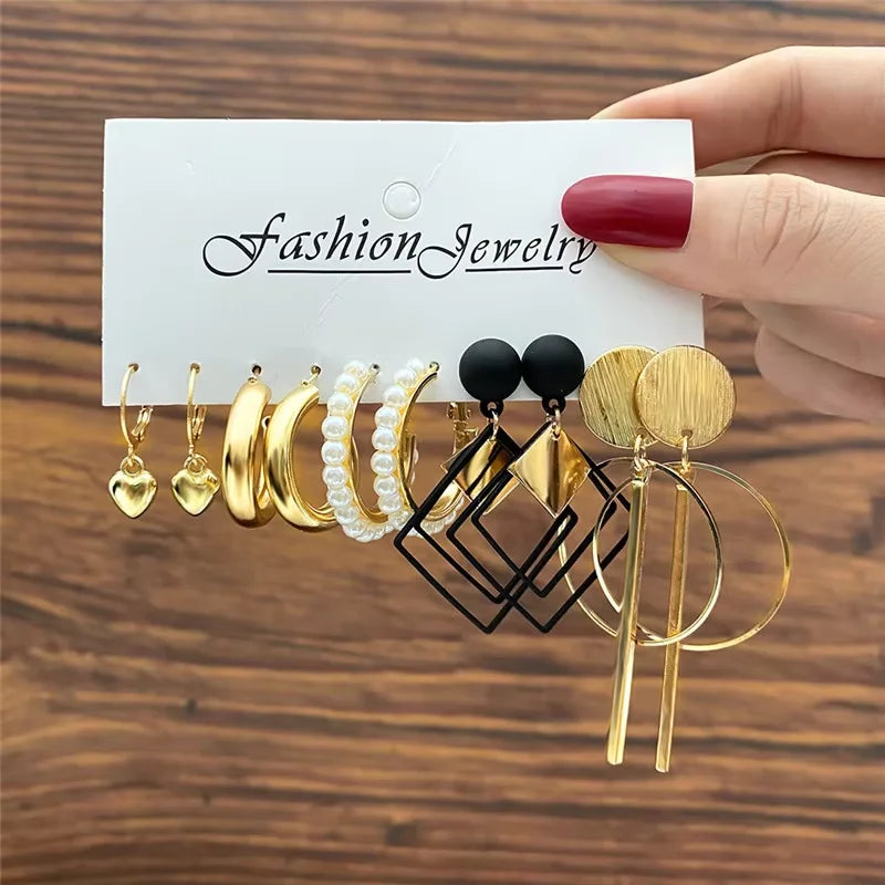 Boho Geometric Hoop Earrings Set – Gold & Pearl Statement Jewelry for Women