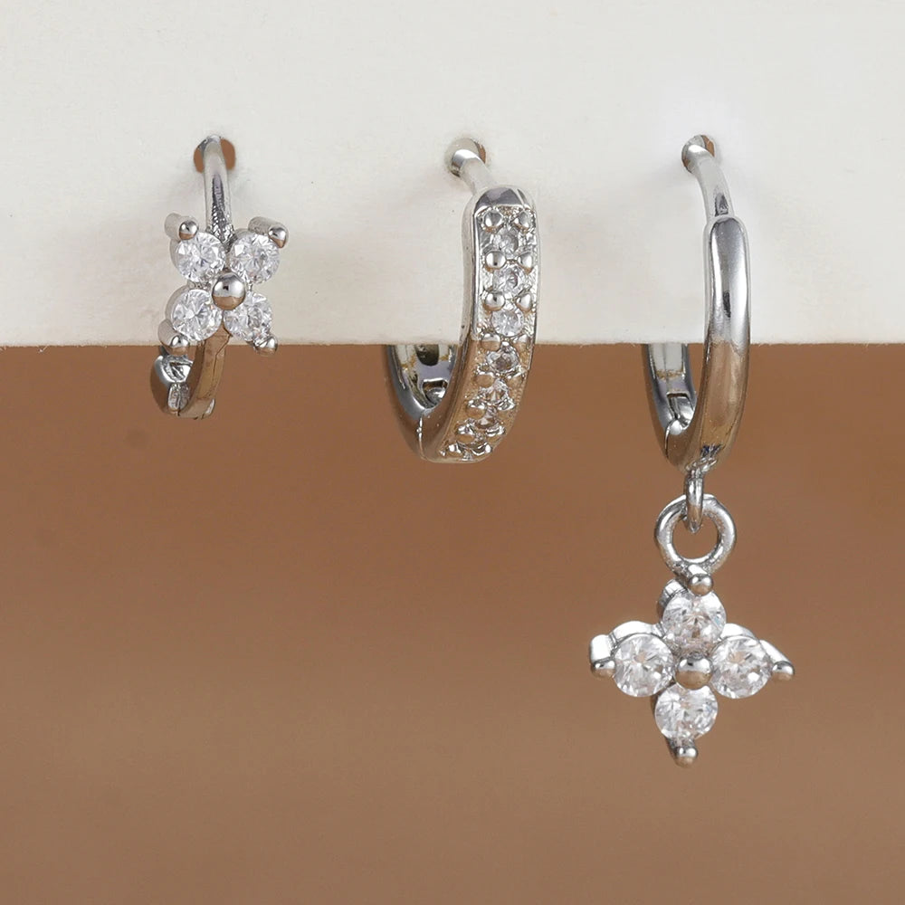 Trendy 3PCS Flower Drop Earrings Set – Stainless Steel Crystal Zirconia Dangle Earrings for Women