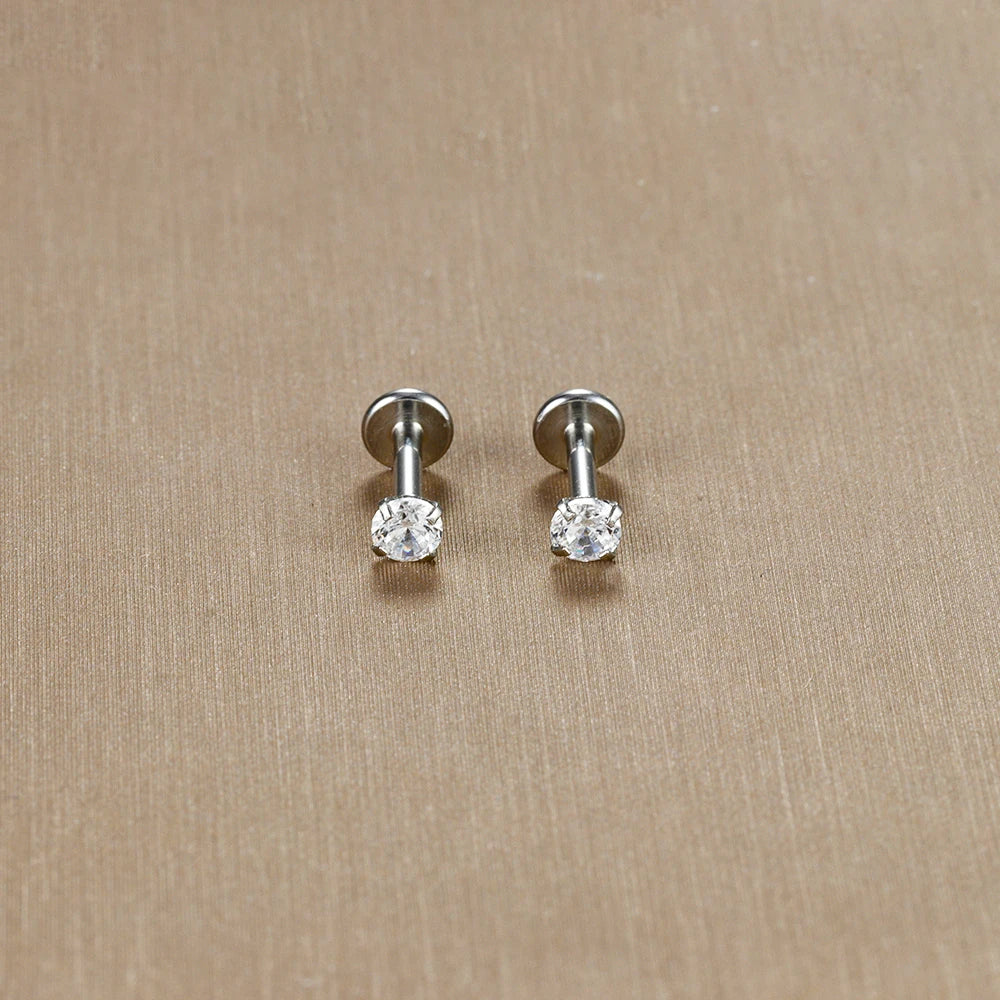2PCS Stainless Steel Labret Stud Earrings – 16G CZ Crystal Tragus, Helix, Conch & Lip Piercing Jewelry