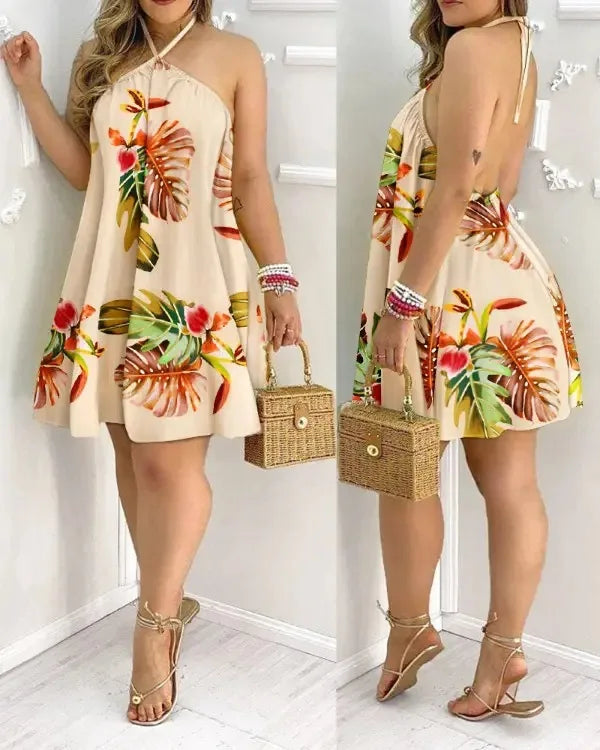 Tropical Leaf Print Halter Mini Dress – Backless Beach Sundress