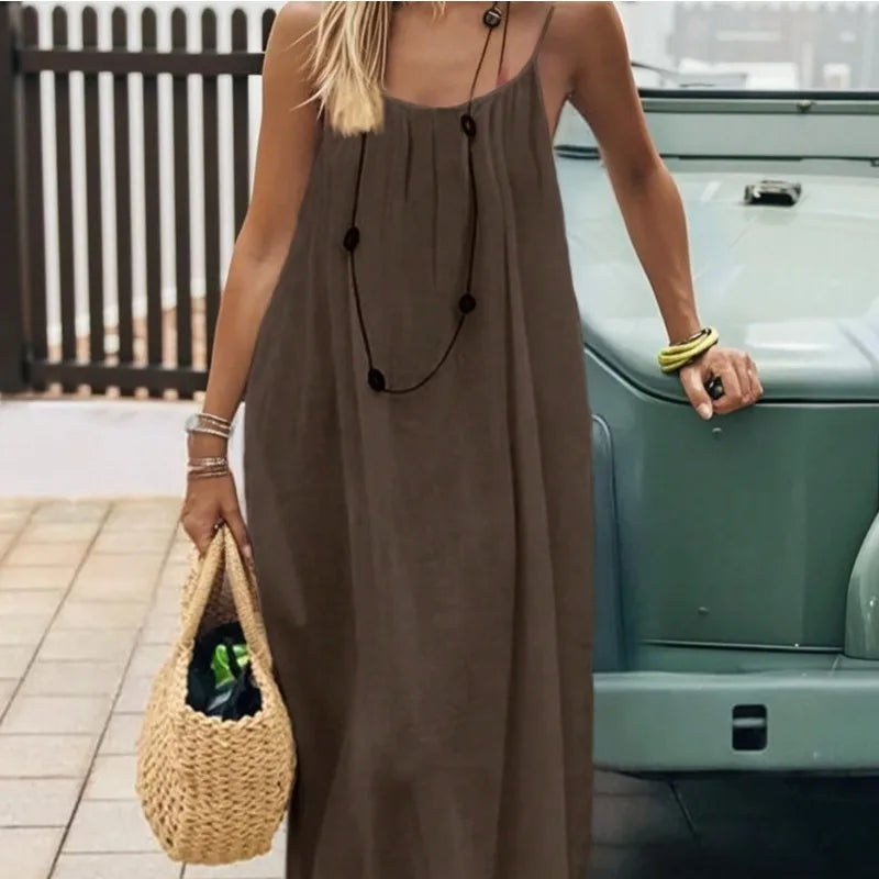 Loose-Fit Spaghetti Strap Dress – Casual Summer Homewear