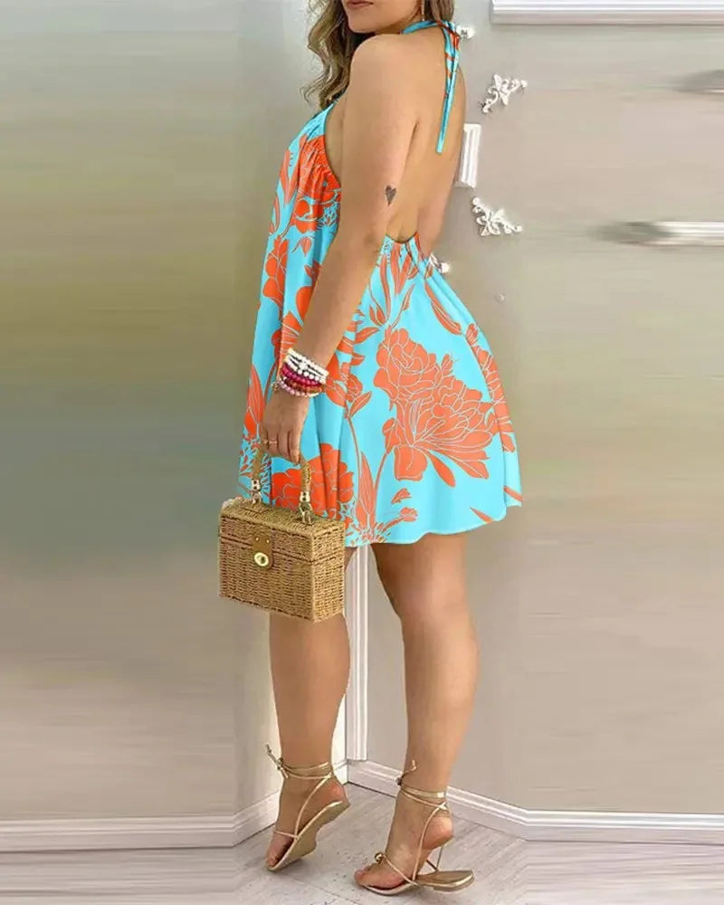 Tropical Leaf Print Halter Mini Dress – Backless Beach Sundress