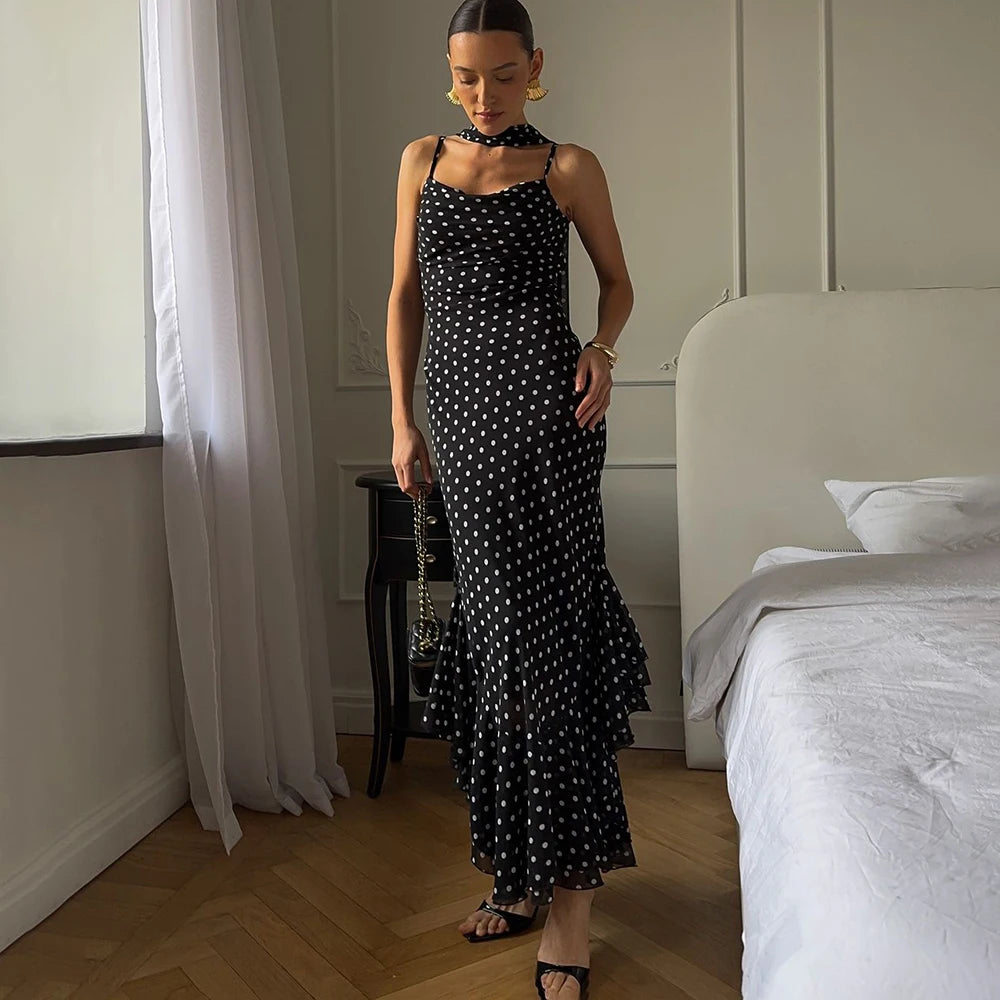 Women's Elegant Halter Pleated Maxi Dress – Polka Dot Ruffle Sleeveless Evening Party Dress