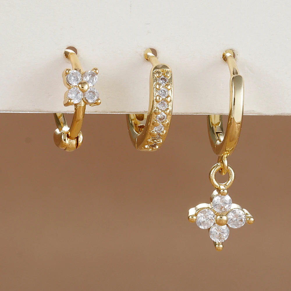 Trendy 3PCS Flower Drop Earrings Set – Stainless Steel Crystal Zirconia Dangle Earrings for Women