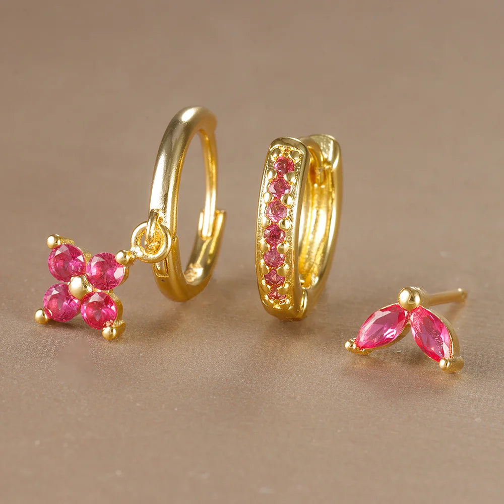 Trendy 3PCS Flower Drop Earrings Set – Stainless Steel Crystal Zirconia Dangle Earrings for Women