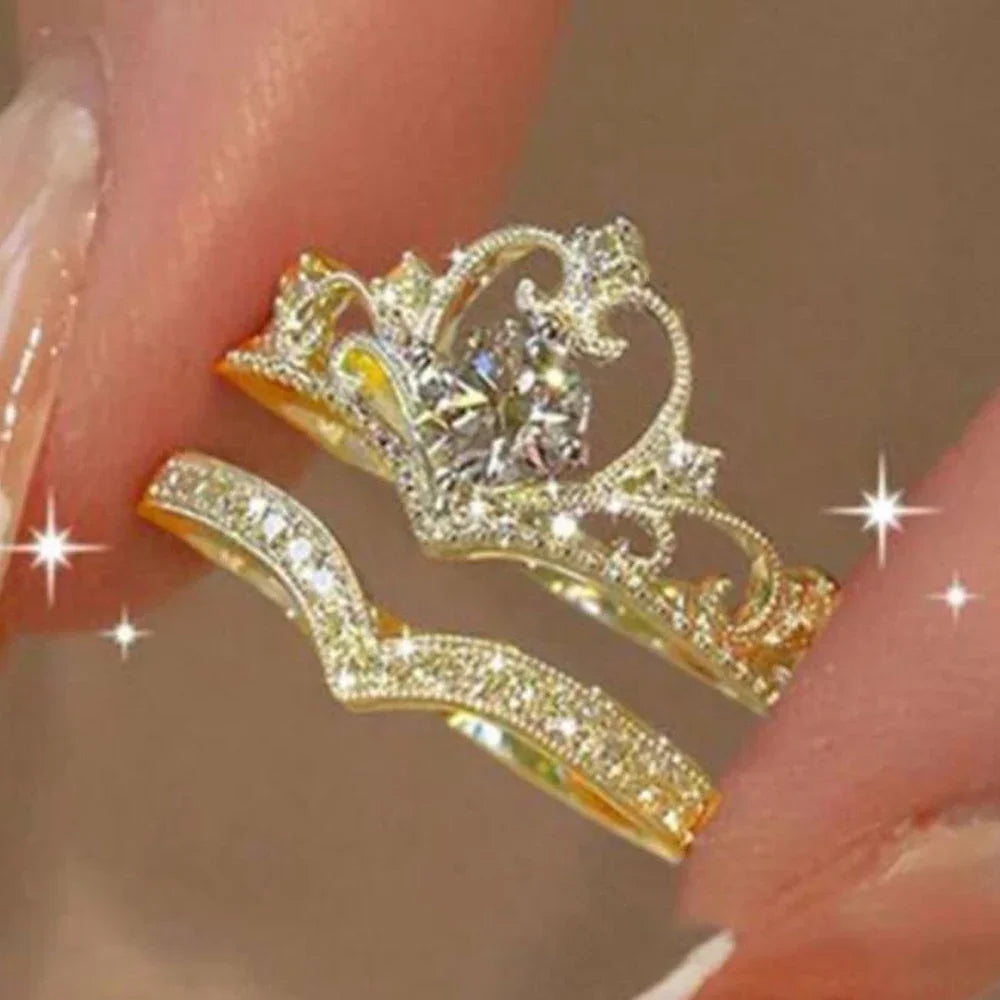 2PCS Sparkling Fairy Crown Rings Set – Adjustable Crystal Queen Party Jewelry for Women