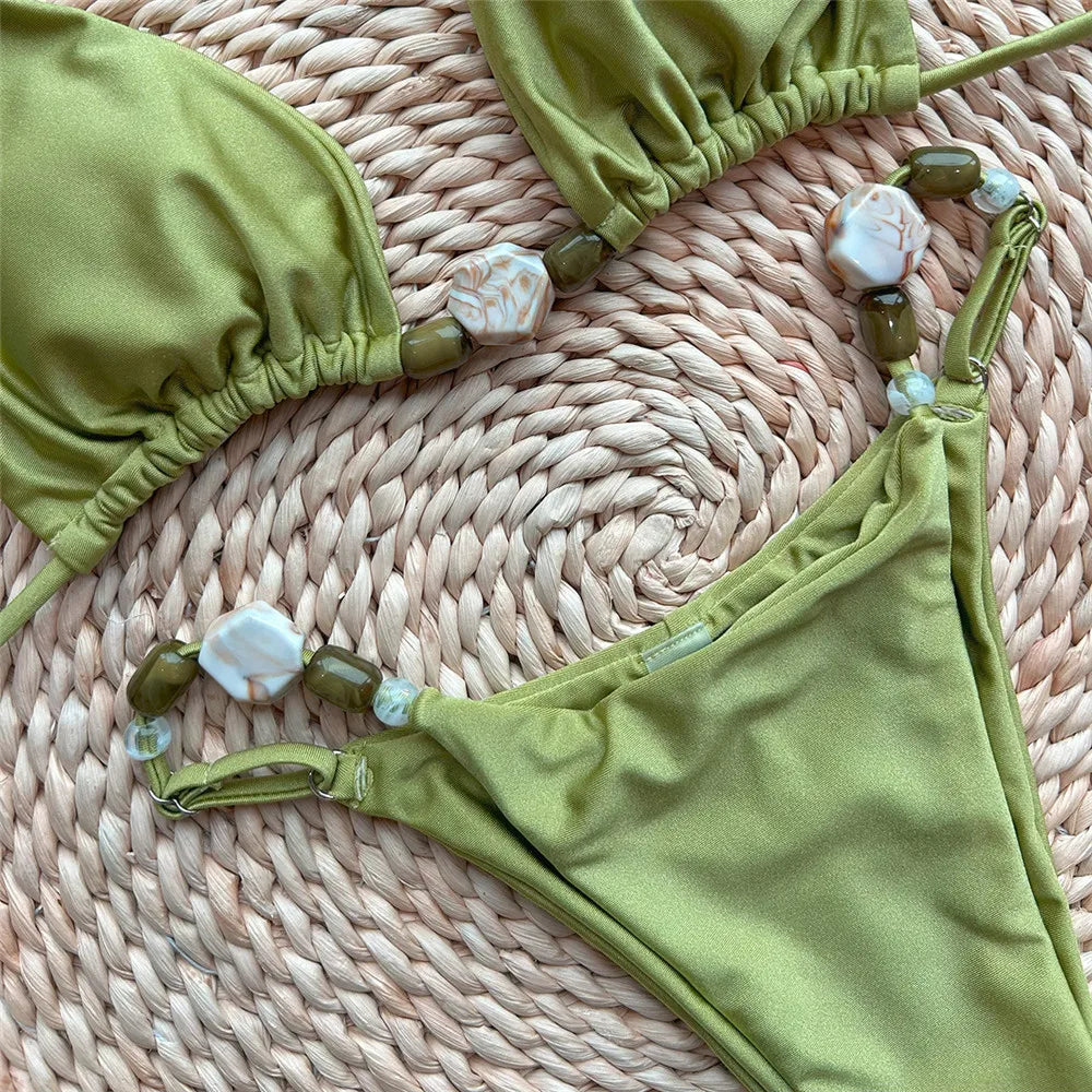 Women's Green Halter Triangle Bikini – Sexy Micro Thong Bead String Set