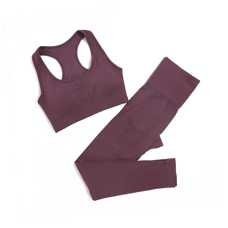 Seamless High-Waist Yoga Set for Women – Sculpting Gym Leggings & Sports Bra Workout Suit