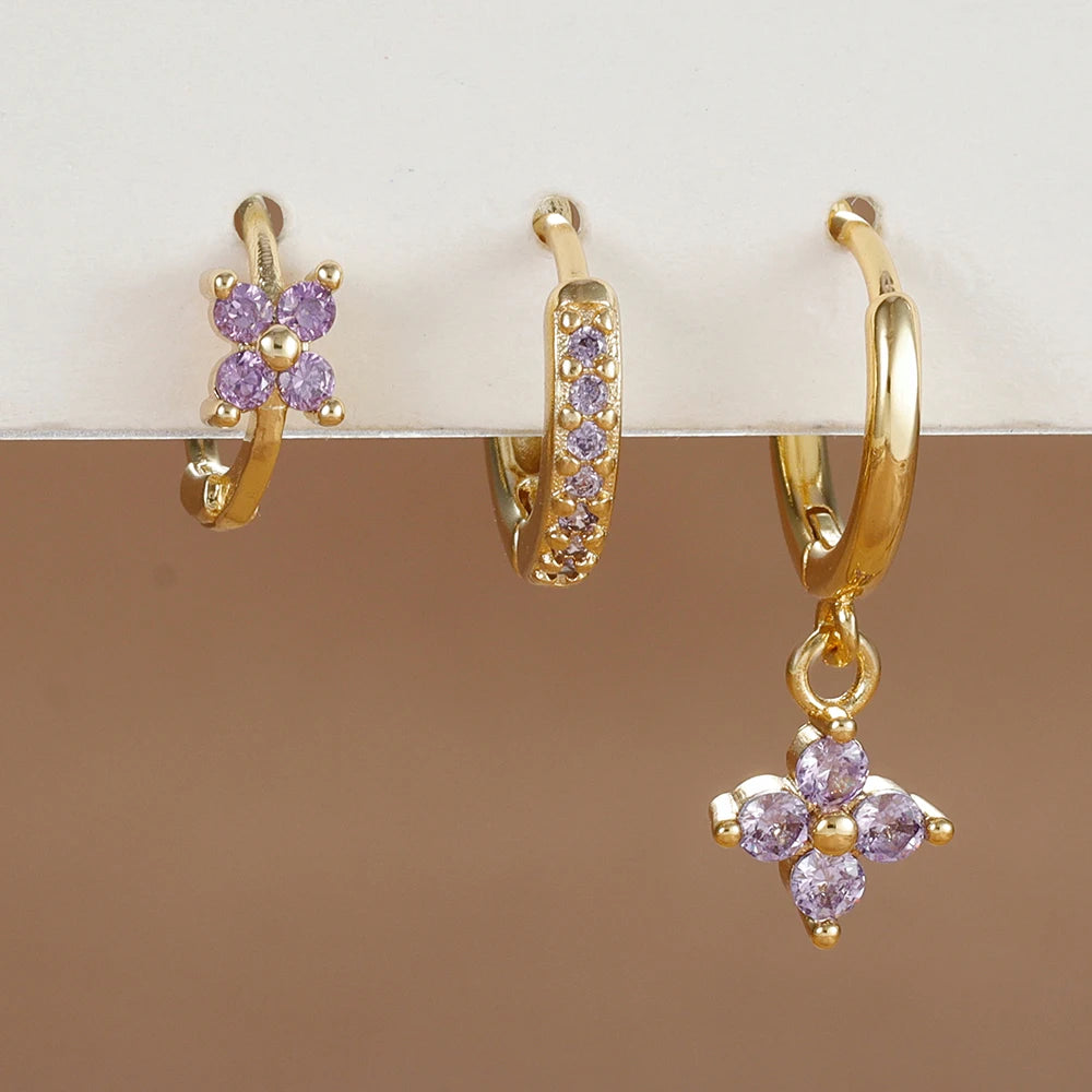 Trendy 3PCS Flower Drop Earrings Set – Stainless Steel Crystal Zirconia Dangle Earrings for Women