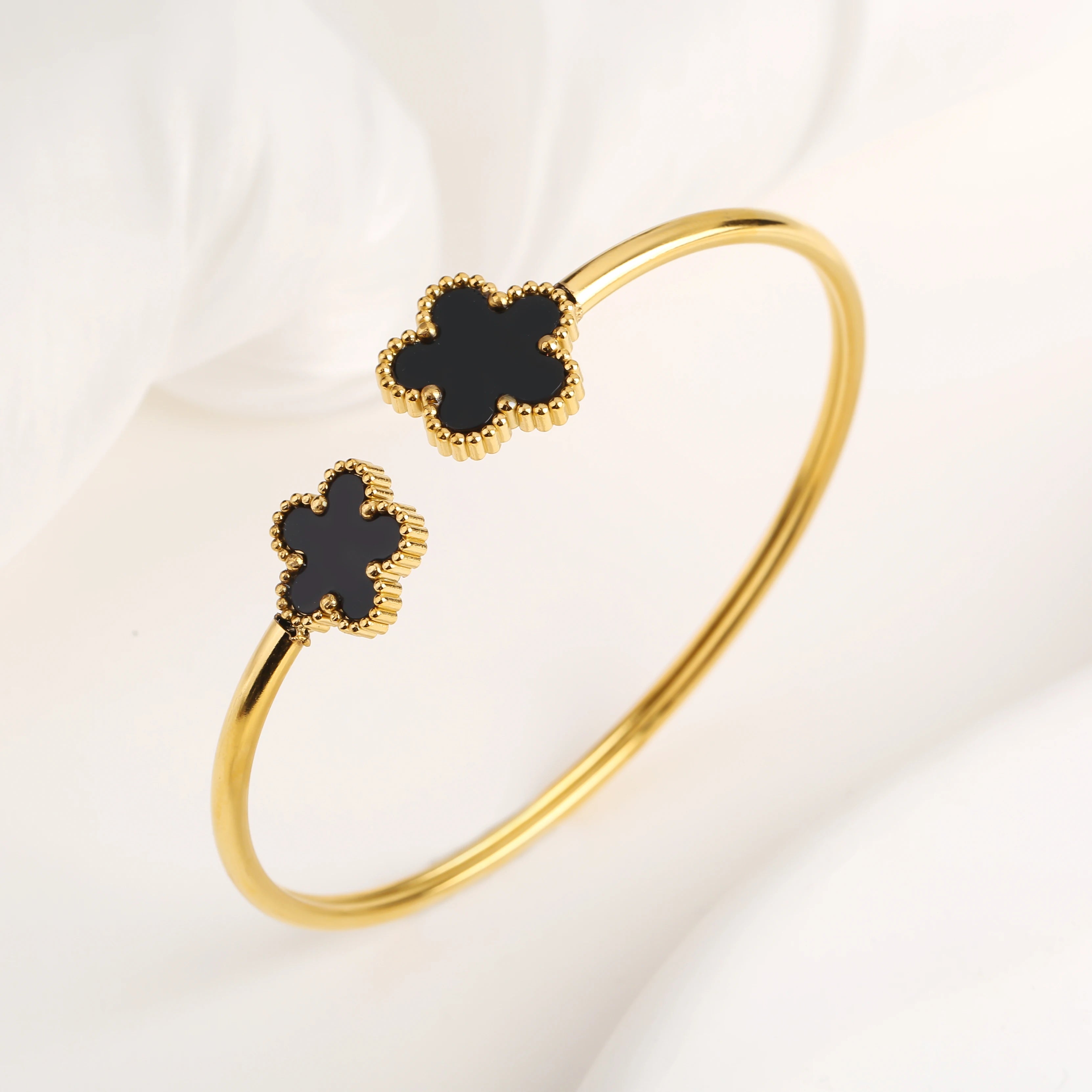 Lucky Clover Open Cuff Bracelet – Gold-Plated Stainless Steel Jewelry