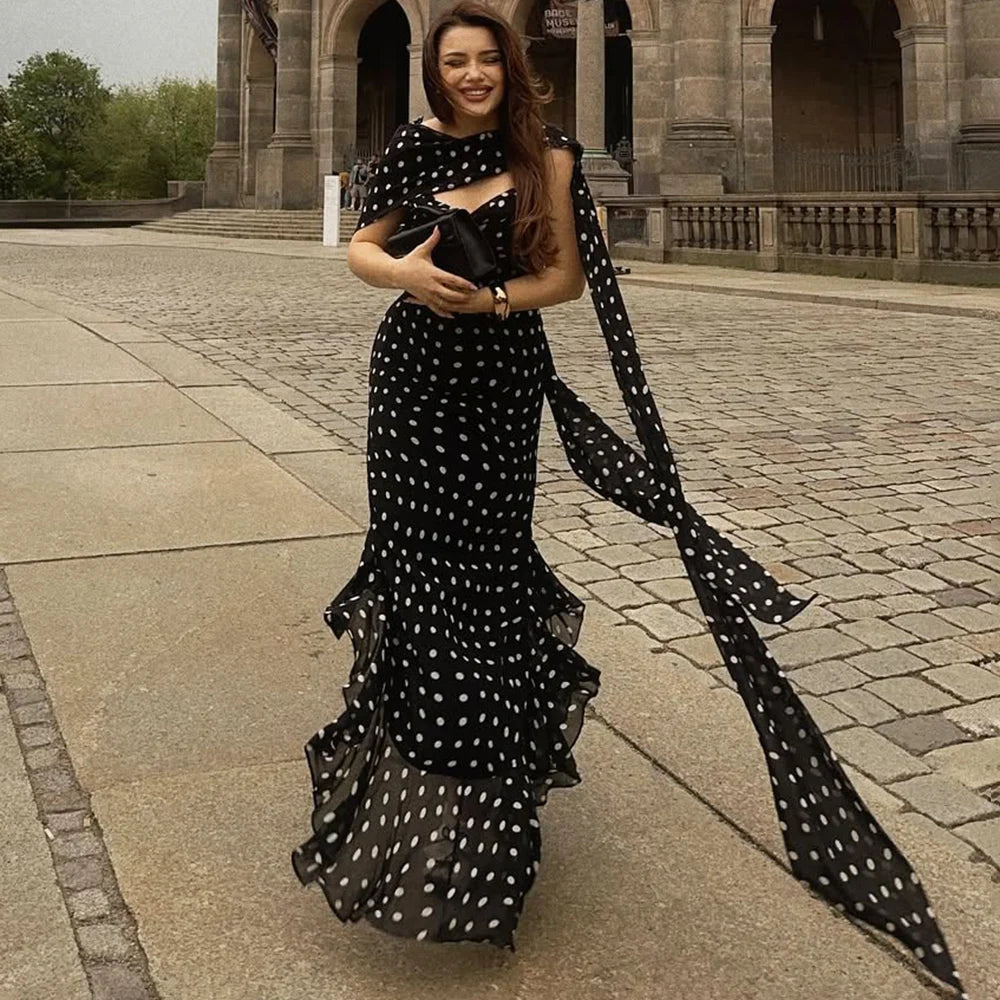 Women's Elegant Halter Pleated Maxi Dress – Polka Dot Ruffle Sleeveless Evening Party Dress