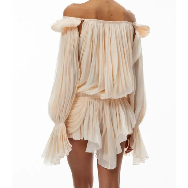 Satin Off-Shoulder Pleated Mini Dress – Puff Sleeve Party Dress
