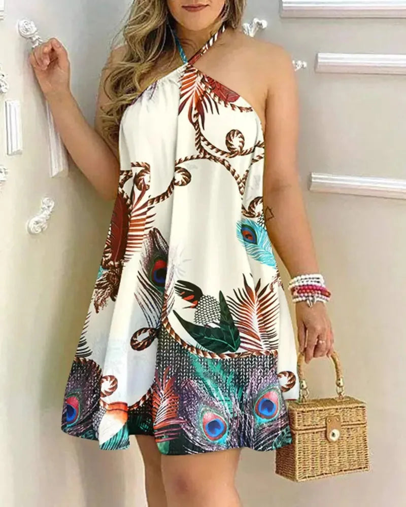 Tropical Leaf Print Halter Mini Dress – Backless Beach Sundress