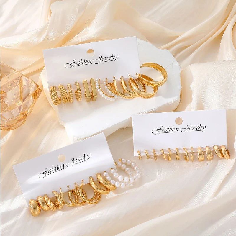 Boho Geometric Hoop Earrings Set – Gold & Pearl Statement Jewelry for Women