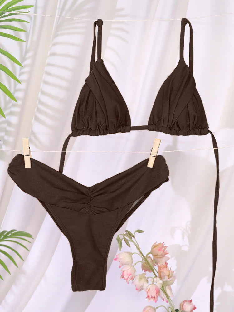 Women's Solid Triangle Bikini Set – Sexy Folded Micro Swimwear