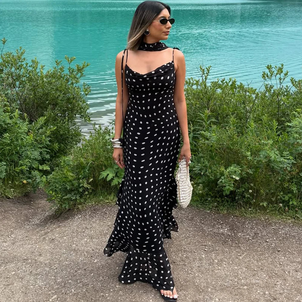 Women's Elegant Halter Pleated Maxi Dress – Polka Dot Ruffle Sleeveless Evening Party Dress