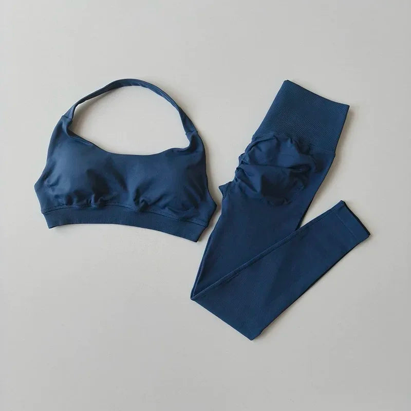 Sculpting Seamless 2-Piece Yoga Set – High-Waisted Gym Leggings & Neck-Hanging Sports Bra