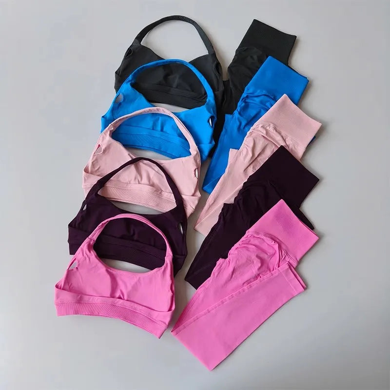 Sculpting Seamless 2-Piece Yoga Set – High-Waisted Gym Leggings & Neck-Hanging Sports Bra