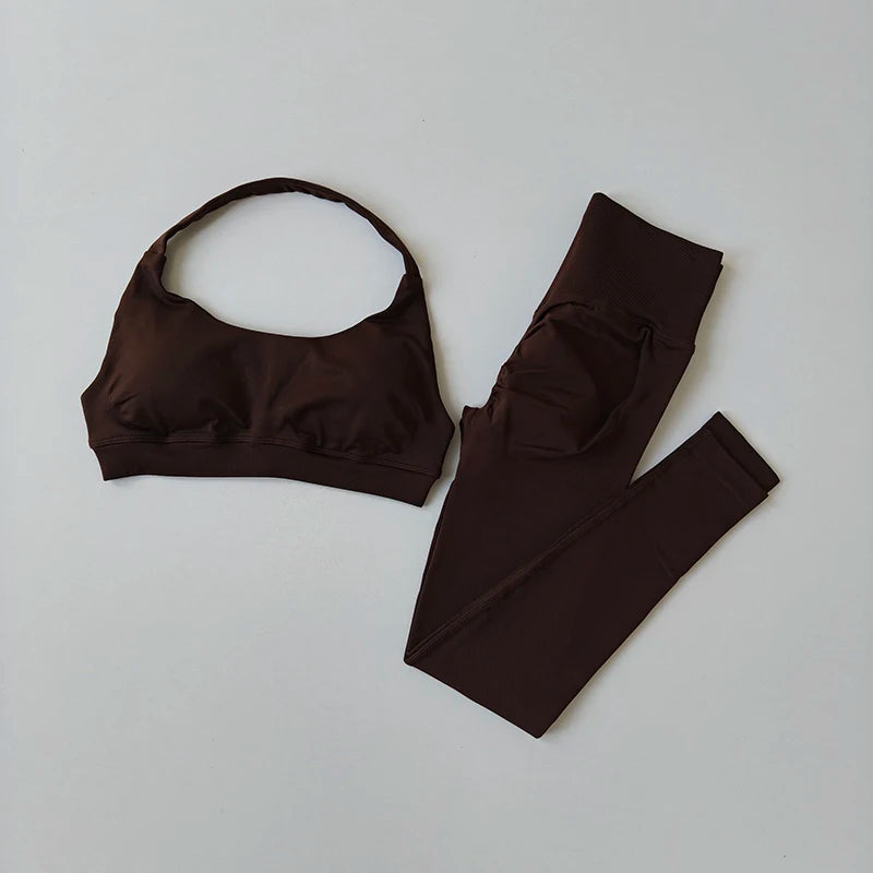 Sculpting Seamless 2-Piece Yoga Set – High-Waisted Gym Leggings & Neck-Hanging Sports Bra