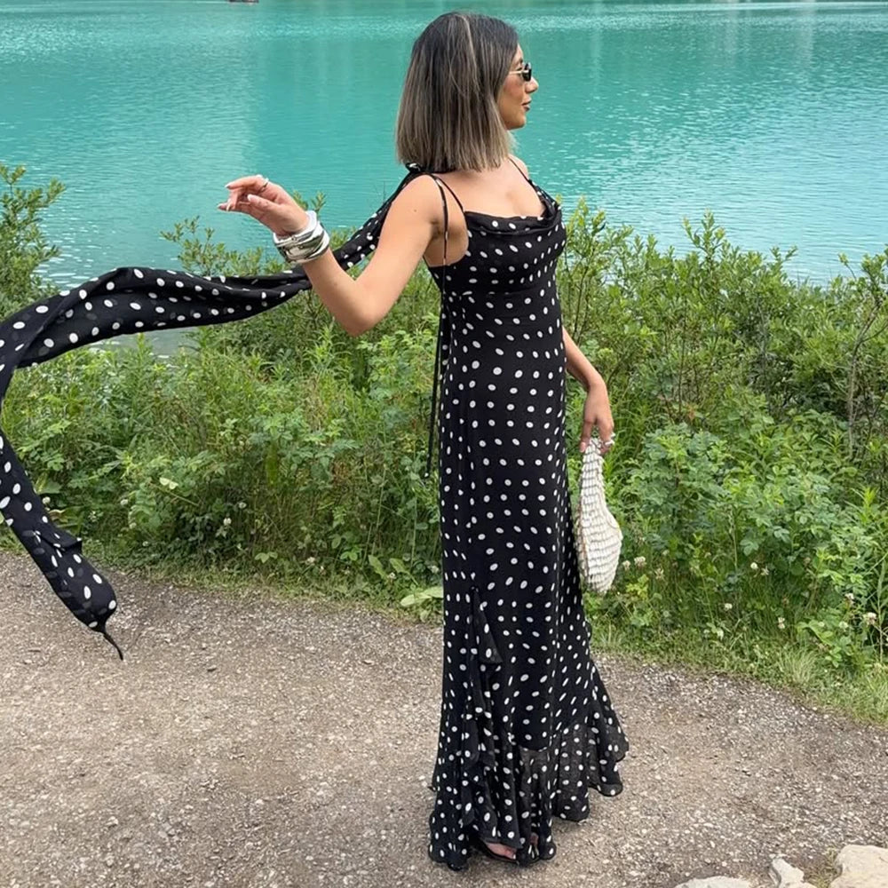 Women's Elegant Halter Pleated Maxi Dress – Polka Dot Ruffle Sleeveless Evening Party Dress