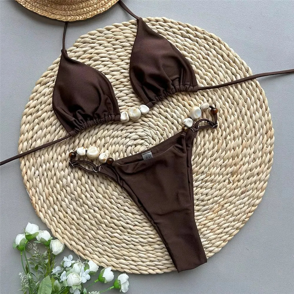 Women's Green Halter Triangle Bikini – Sexy Micro Thong Bead String Set