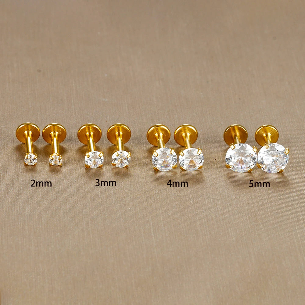 2PCS Stainless Steel Labret Stud Earrings – 16G CZ Crystal Tragus, Helix, Conch & Lip Piercing Jewelry