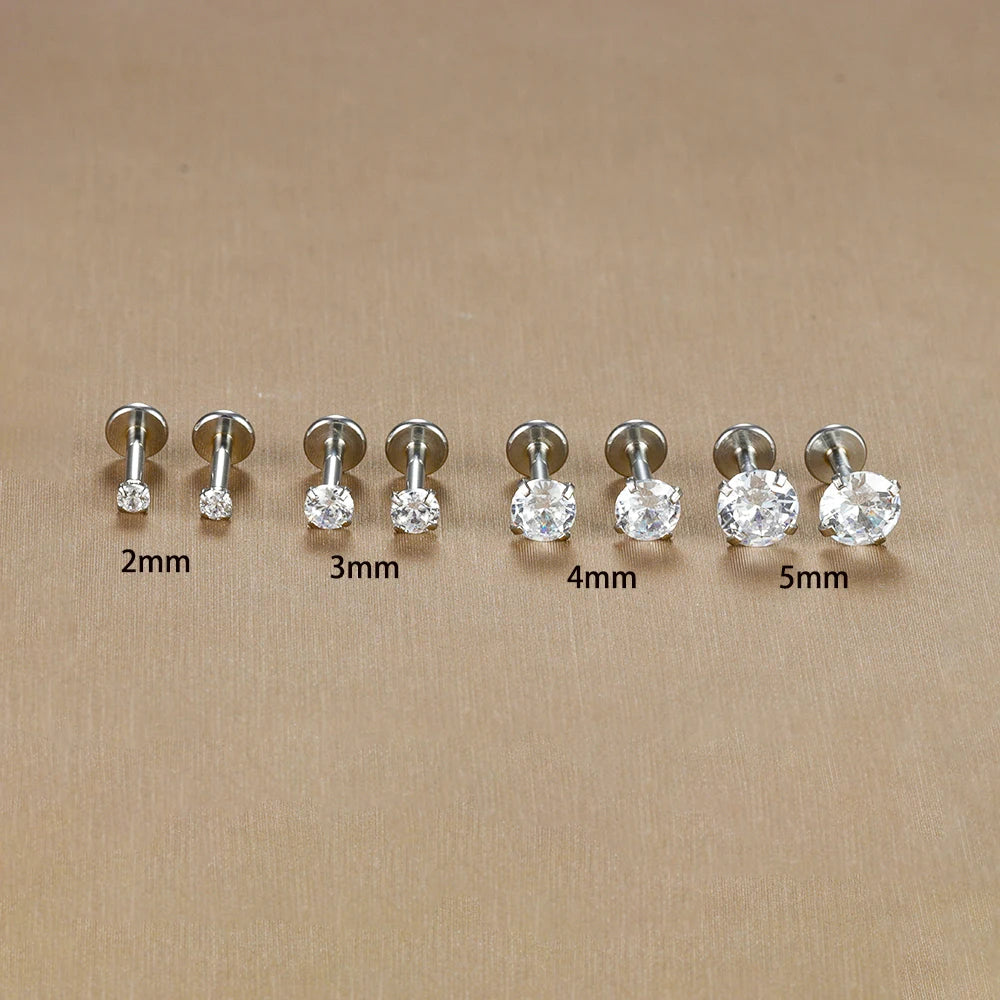 2PCS Stainless Steel Labret Stud Earrings – 16G CZ Crystal Tragus, Helix, Conch & Lip Piercing Jewelry
