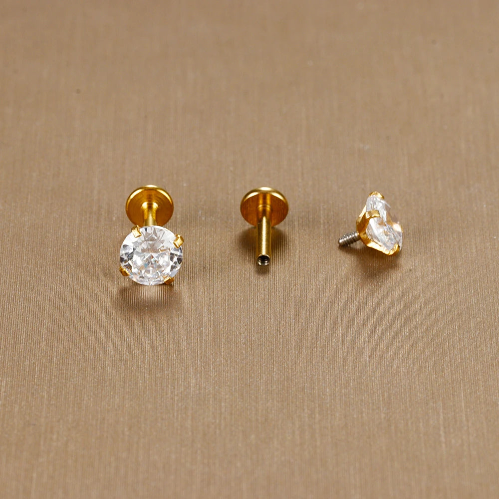 2PCS Stainless Steel Labret Stud Earrings – 16G CZ Crystal Tragus, Helix, Conch & Lip Piercing Jewelry