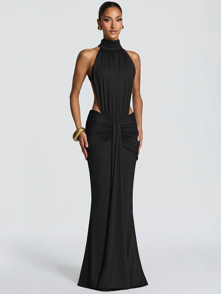 Women's Turtleneck Backless Maxi Dress – Elegant Off-Shoulder Ruched Bodycon Party Gown
