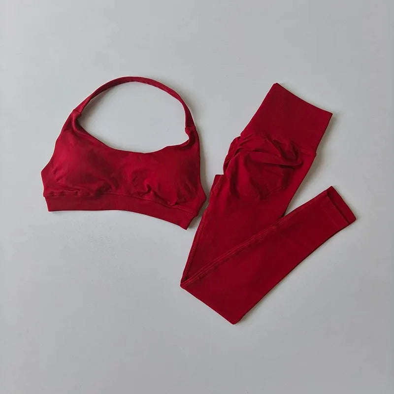 Sculpting Seamless 2-Piece Yoga Set – High-Waisted Gym Leggings & Neck-Hanging Sports Bra