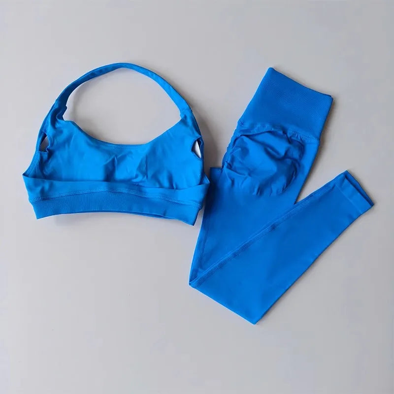 Sculpting Seamless 2-Piece Yoga Set – High-Waisted Gym Leggings & Neck-Hanging Sports Bra