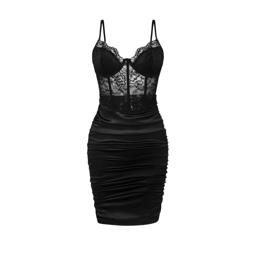 Elegant Lace Pleated Mini Dress – Floral Pattern, Slim Fit, Y2K Style