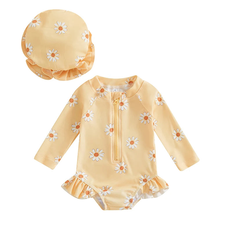 Baby Girl Long Sleeve Rash Guard Swimsuit with Hat – Floral Zipper Bathing Suit
