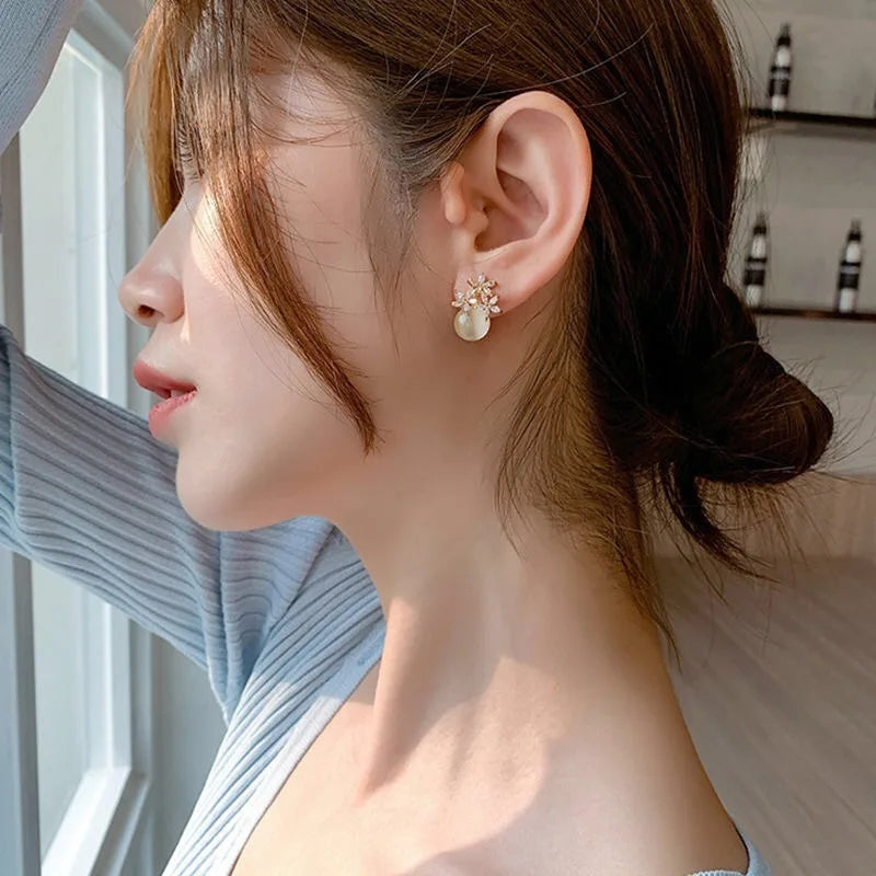 Flower Opal & Rhinestone Stud Earrings for Women – Small Elegant Floral Jewelry Gift