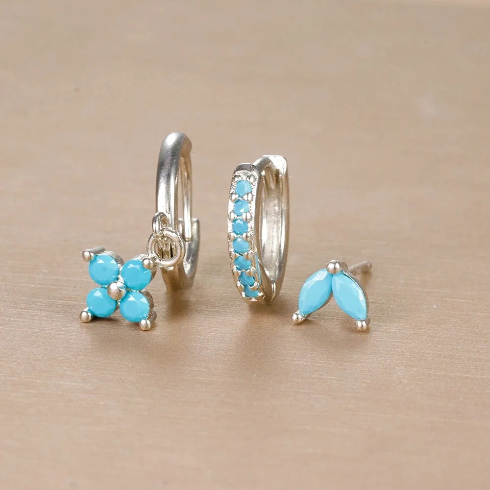 Trendy 3PCS Flower Drop Earrings Set – Stainless Steel Crystal Zirconia Dangle Earrings for Women
