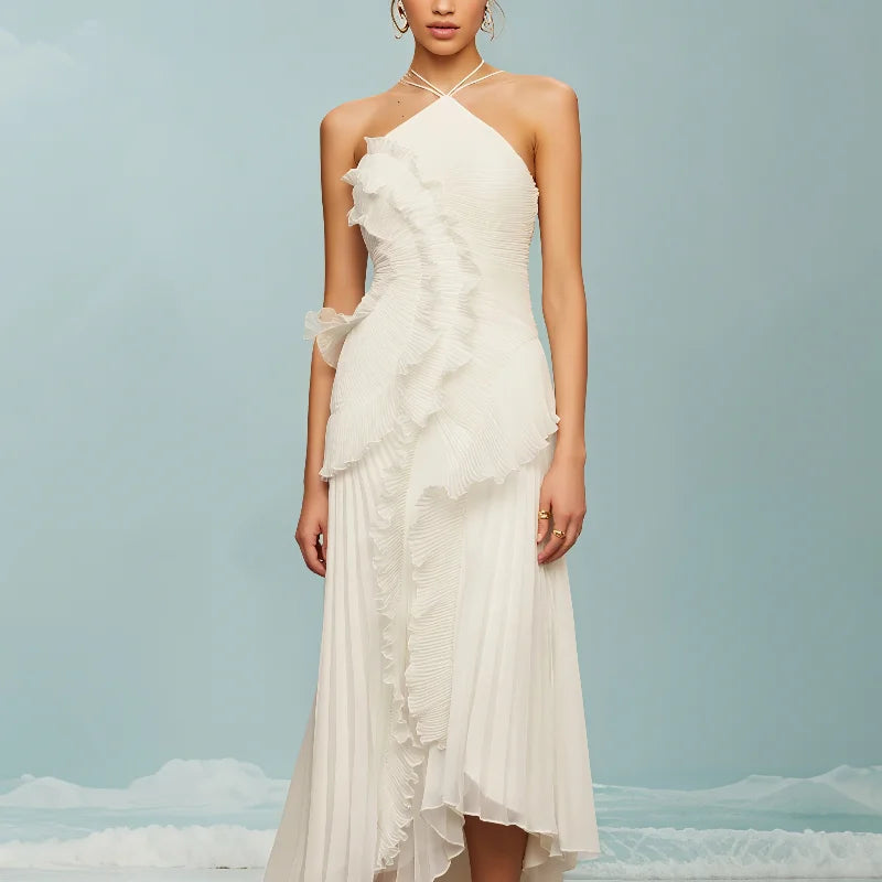 Purple Pleated Strapless Maxi Dress – Halter Neck Vacation Gown