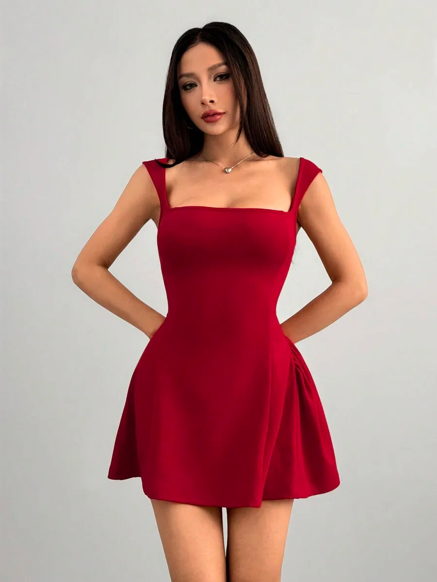 Black Backless Mini Dress for Women – Square Neck Sleeveless Flared Skater Dress