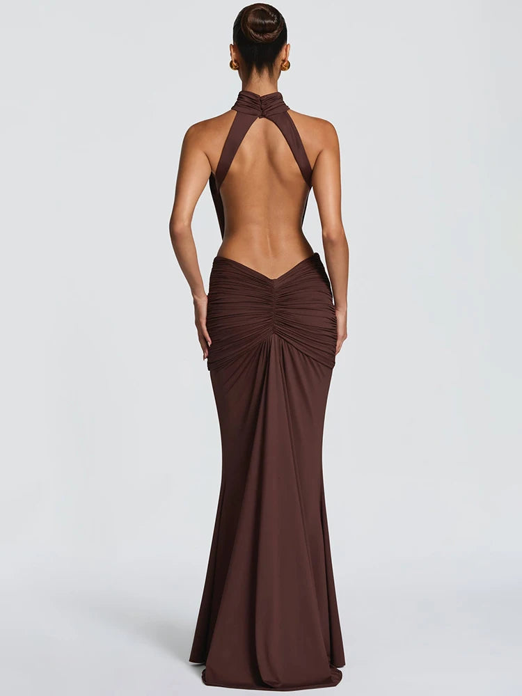 Women's Turtleneck Backless Maxi Dress – Elegant Off-Shoulder Ruched Bodycon Party Gown