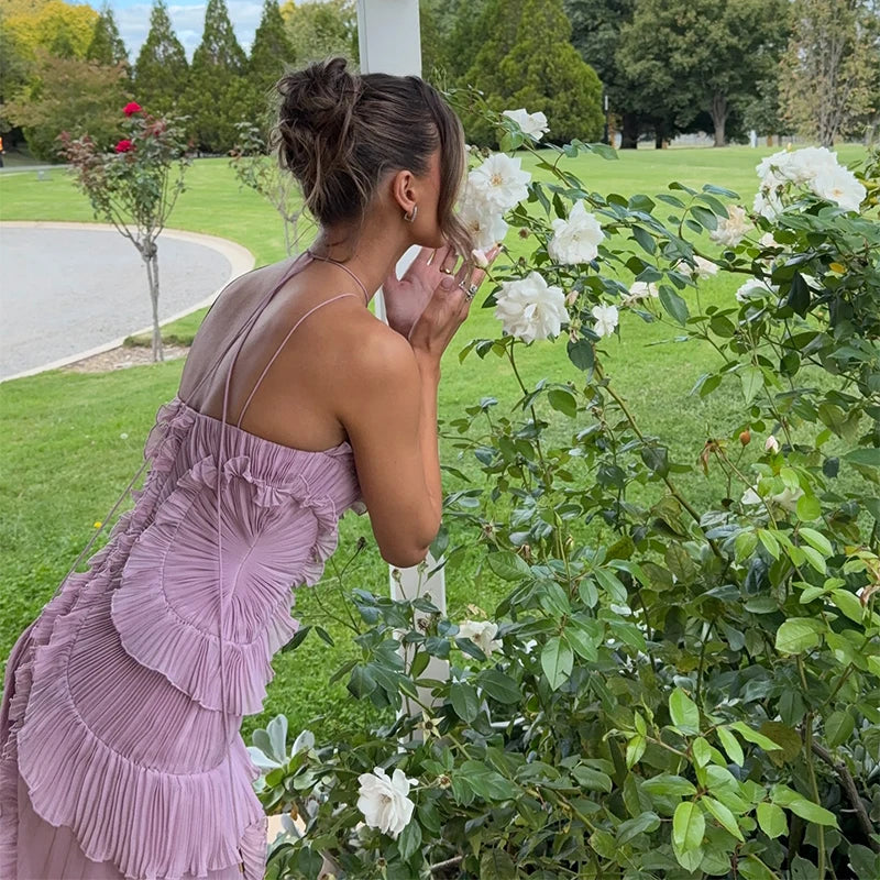 Purple Pleated Strapless Maxi Dress – Halter Neck Vacation Gown