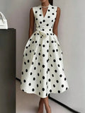 Women's Elegant Polka Dot V-Neck Midi Dress – Belted A-Line Sleeveless Flared Dress