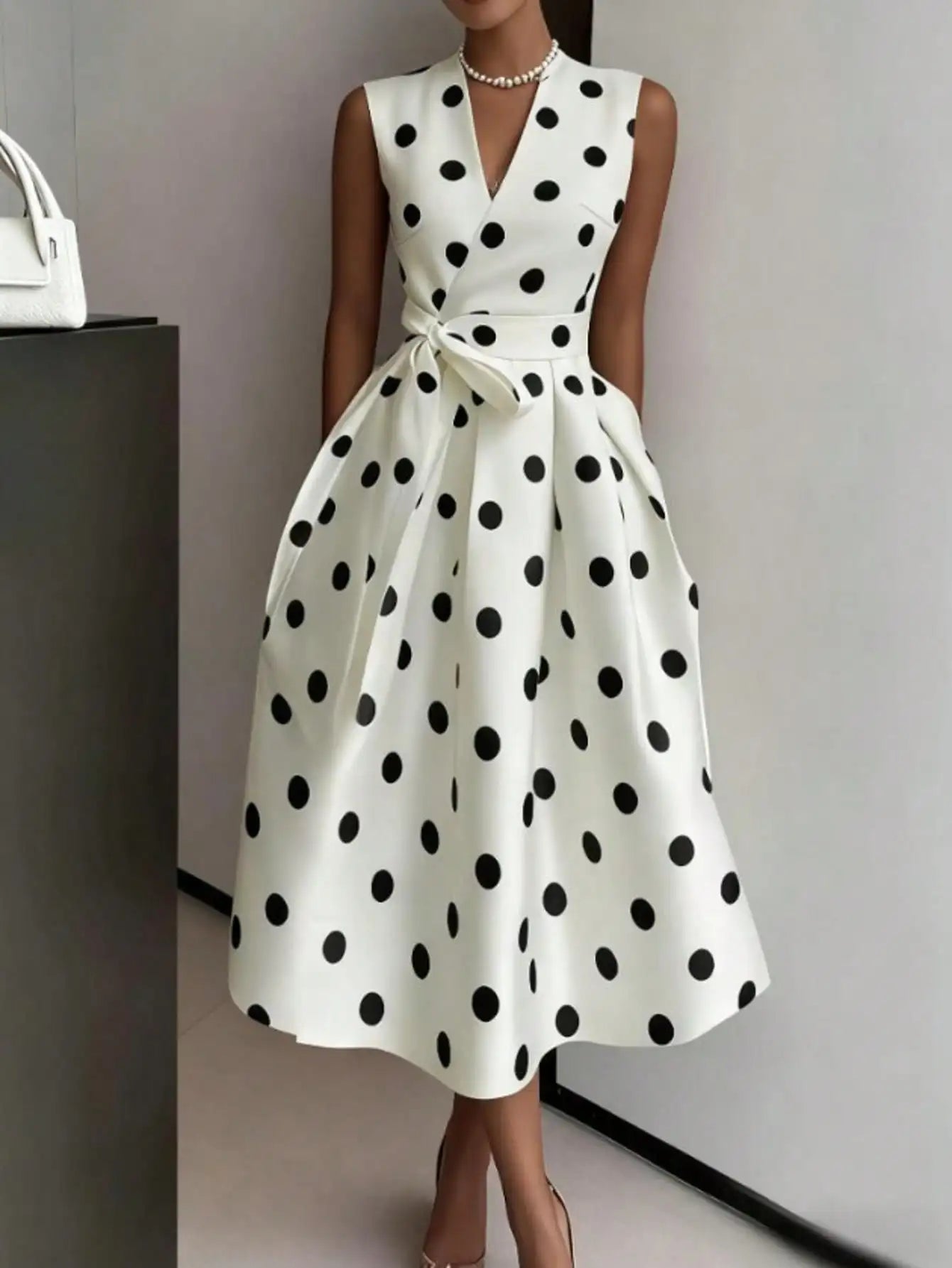 Women's Elegant Polka Dot V-Neck Midi Dress – Belted A-Line Sleeveless Flared Dress