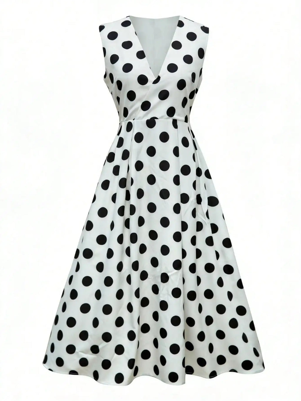 Women's Elegant Polka Dot V-Neck Midi Dress – Belted A-Line Sleeveless Flared Dress